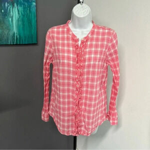 Old Navy Women’s Medium‎ Pink Plaid Button Blouse Ruffle Western Cowgirl Cotton